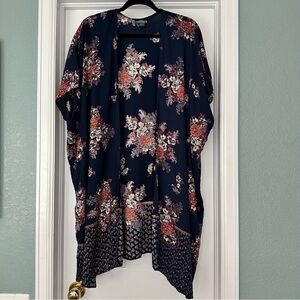 Angie Boho Navy Floral Print‎ Longline Lightweight Kimono Cardigan Size Large